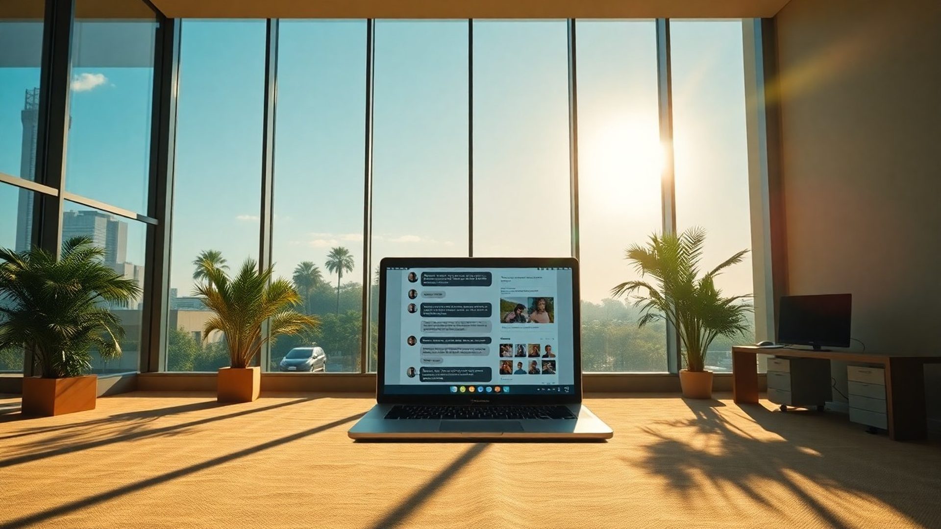 Interface de chatbot em laptop num escritório moderno em Brasília